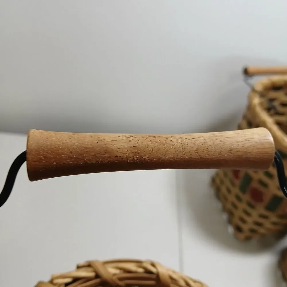 Set of 3 Hand Woven Rattan Wicker Apple Themed Baskets with Wood & Metal Handles